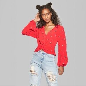 Wild Fable Red Floral Twist Front Blouse - M | Medium